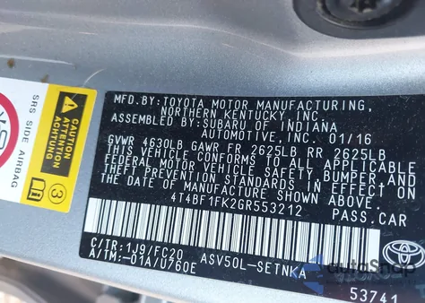 2016 Toyota Camry Le z USA, uszkodzony, nr VIN 4T4BF1FK2GR553212